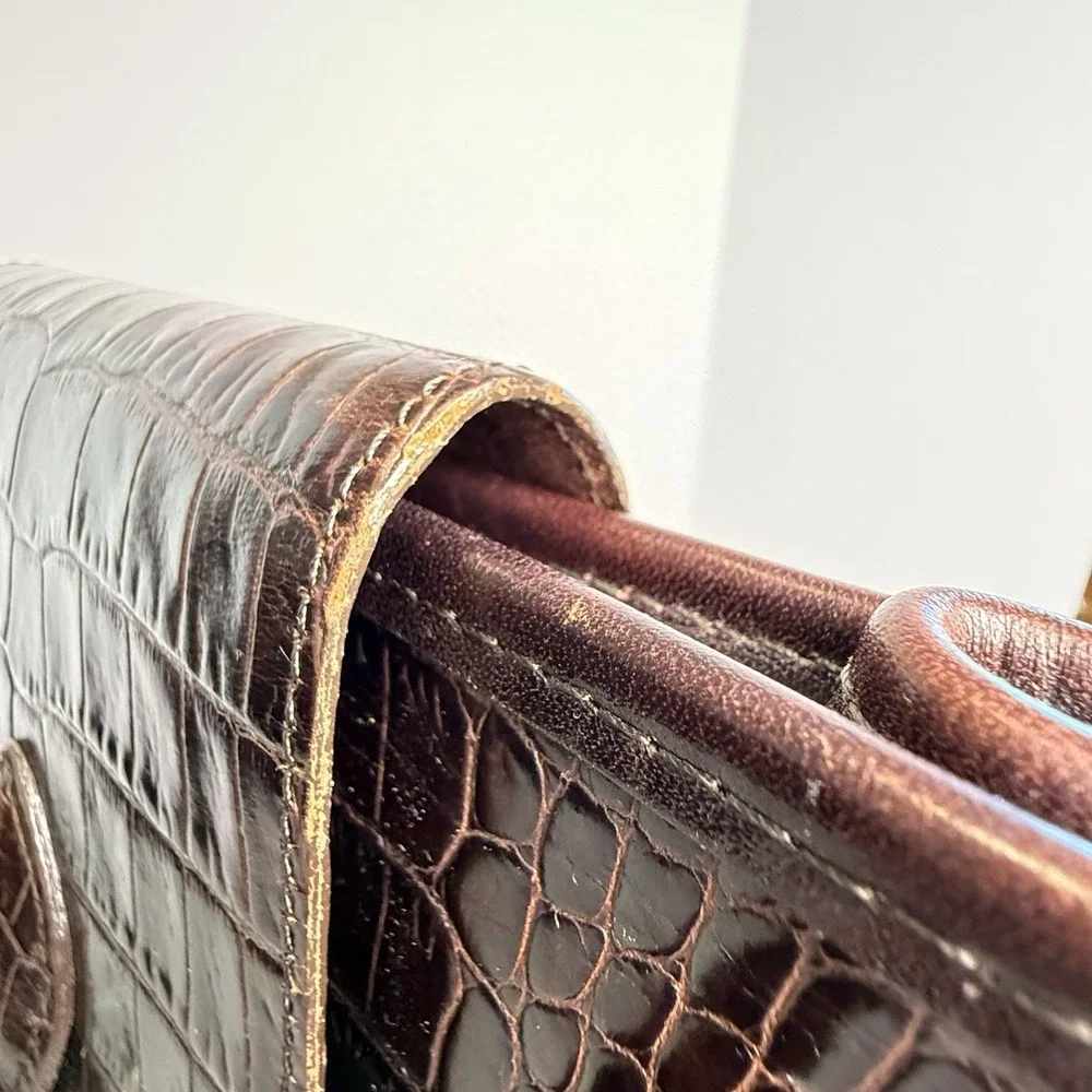 Vintage Brighton Brown Croc Embossed Leather Braided Strap Shoulder Bag Purse